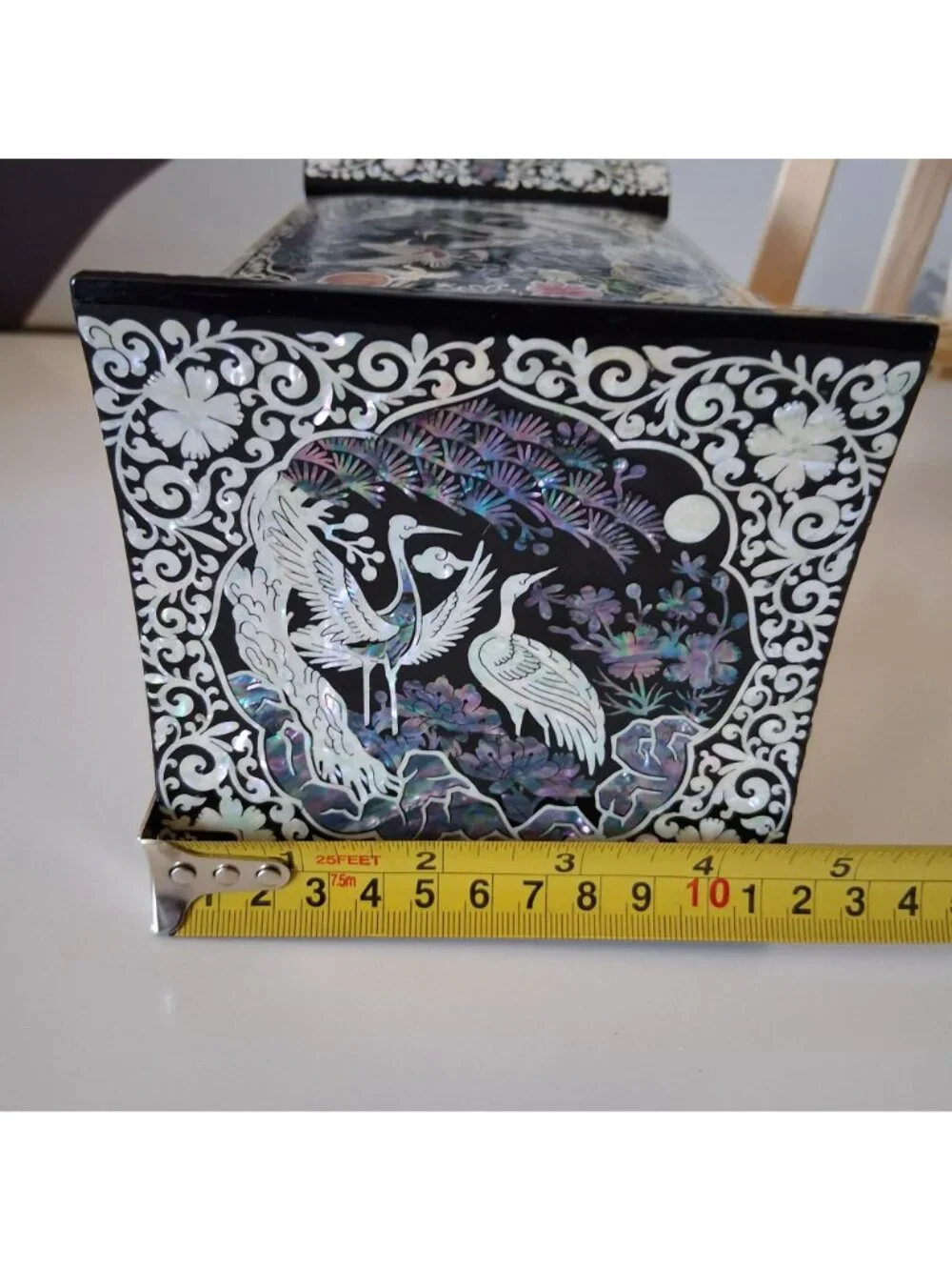 Elegant Mother-Of-Pearl Inlay Asian Jewelry Box Lacquered W Crane & Floral NWOB